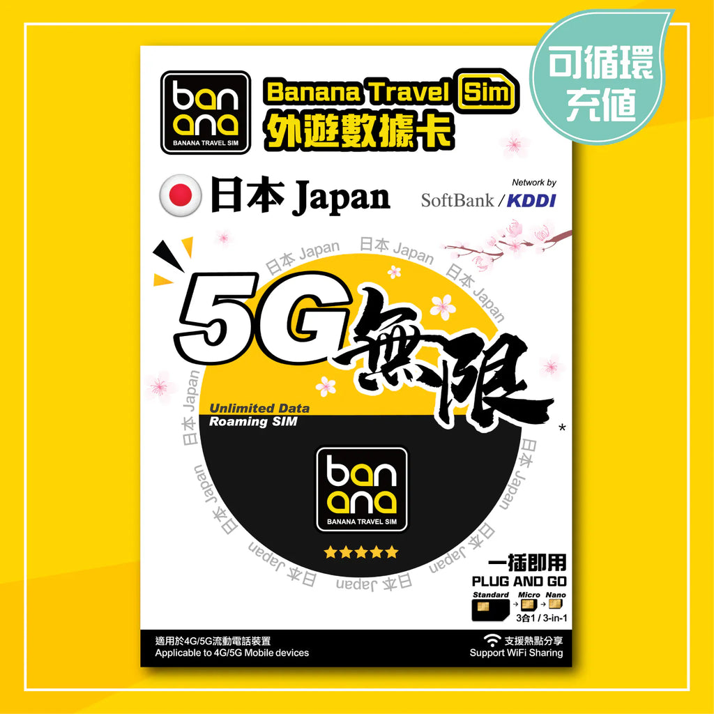 Banana Travel Sim 日本 5G 高速漫遊數據卡 (Softbank / KDDI 雙網) - PhoneStore 豐達網上商店