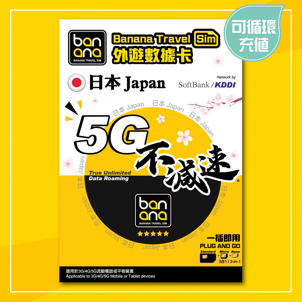 Banana Travel Sim 日本 5G 高速不減速上網卡 (Softbank / KDDI 雙網) - PhoneStore 豐達網上商店
