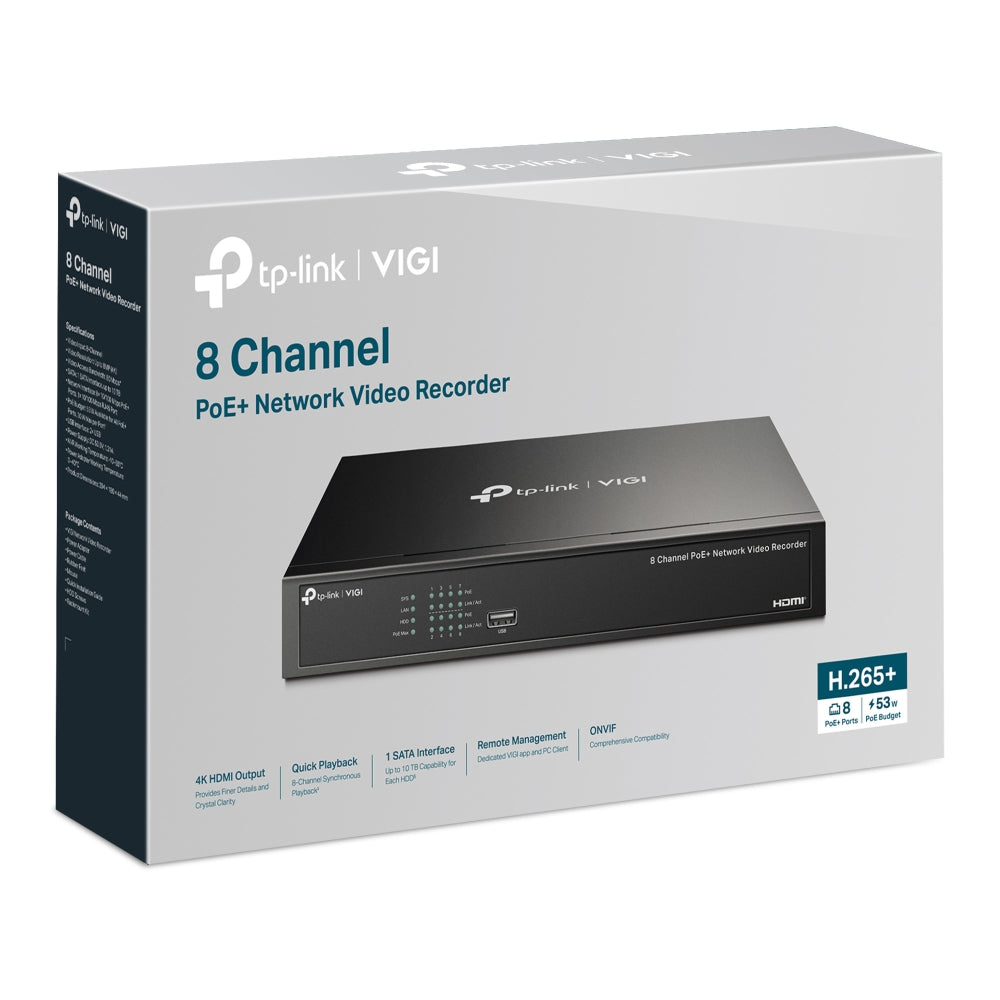 TP-Link VIGI NVR1008H-8P | 8 頻道 PoE+ 網路監控錄影主機 (4K HDMI 輸出 / 內建 8 埠 PoE+ / H.265+ / 最高支援 16TB) - PhoneStore 豐達網上商店