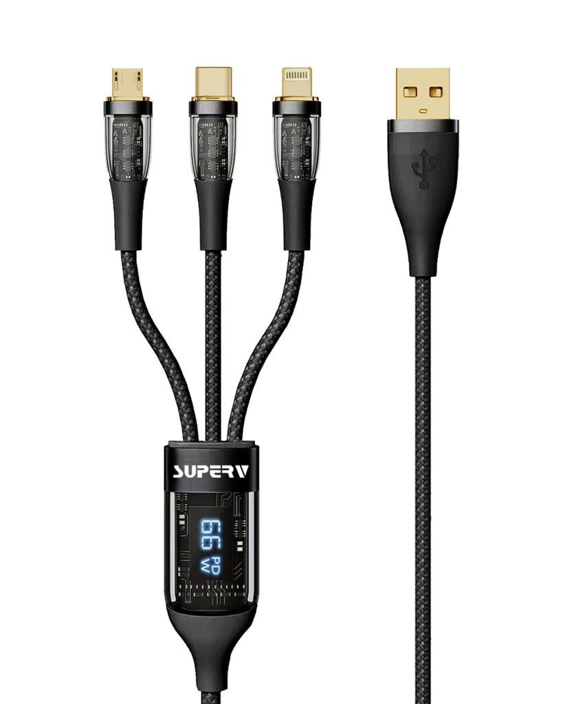 SUPERV 3 in 1 Fast Charging Premium Nylon Braided Cable, USB A to USB Type C Lightning Micro Cable with LED Power Digital Display, Compatible with iPhone 15/15plus/15Pro/15ProMax, iPad, Samsung