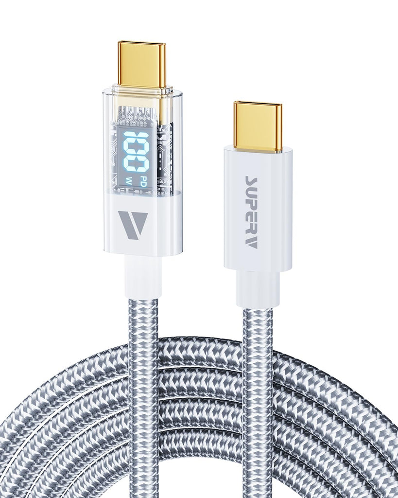 SUPERV 6.6ft/200cm Type C Cable Type C Charger Fast Charging Cable 5A PD 100w 6.6FT USB C Cable with LED Display 480Mbps Data Nylon Braided Red Cable