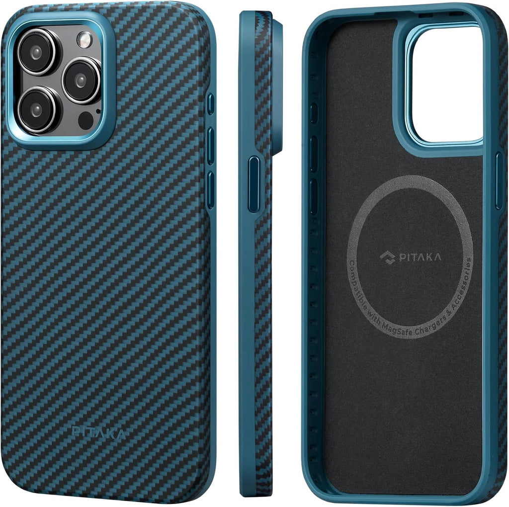 pitaka Protective Case for iPhone 15 Pro Max, 6.7 Inch, Military Grade Shockproof iPhone 15 Pro Max Phone Case, [MagEZ Case Pro 4] 1500D Aramid Fiber, Black/Blue (Twill) - PhoneStore 豐達網上商店