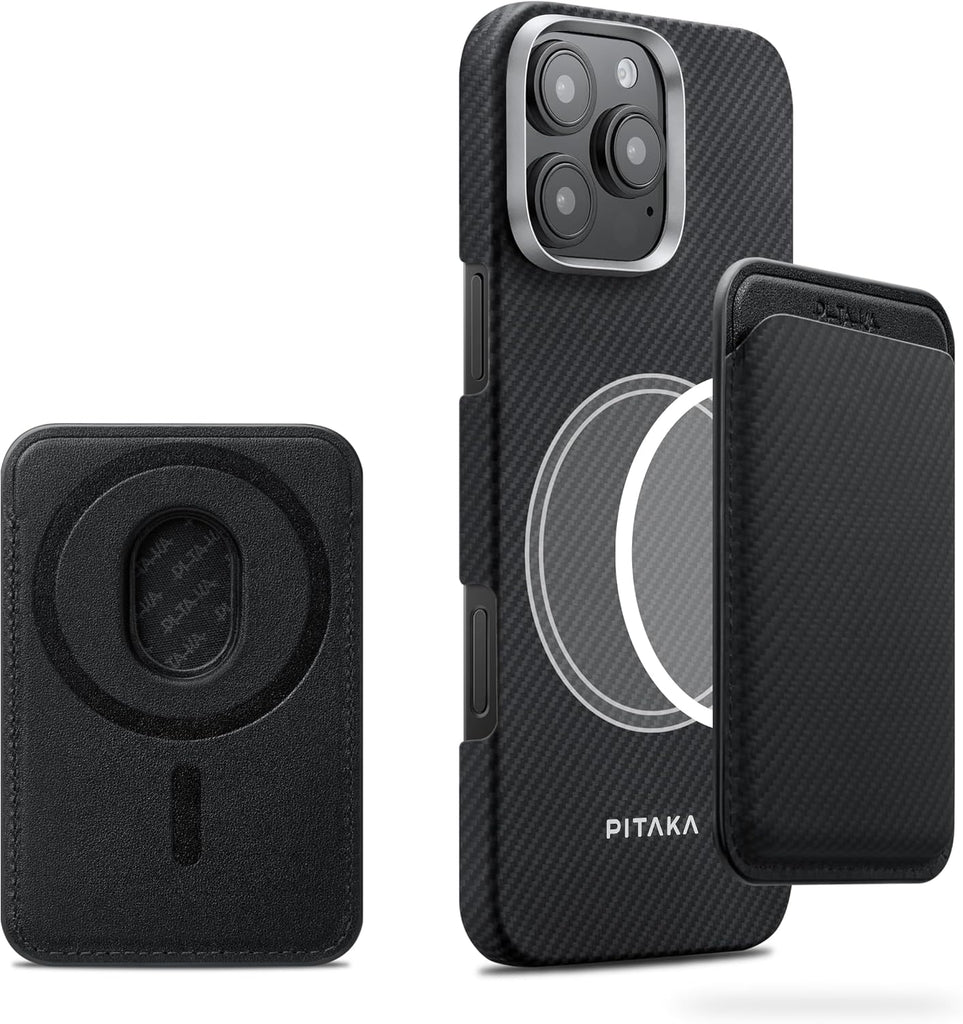 pitaka MagSafe Wallet, Slim Card Holder, Phone Wallet Compatible with iPhone 17/16/15/14/13/12, Aramid Fiber Woven, Black/Grey(Twill) - PhoneStore 豐達網上商店