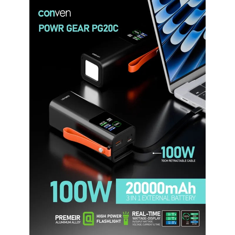 Conven 100W 彩屏內置伸縮Type-C線 行動電源 20000mAh PG20C