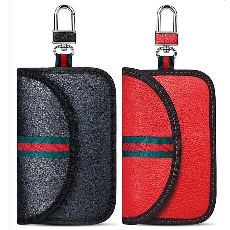 Luxury PU Leather Faraday Key Fob Pouch | Stylish Signal Blocking Bag w/ Racing Stripe | Anti-Theft RFID/GPS/WiFi Shielding - Black & Red