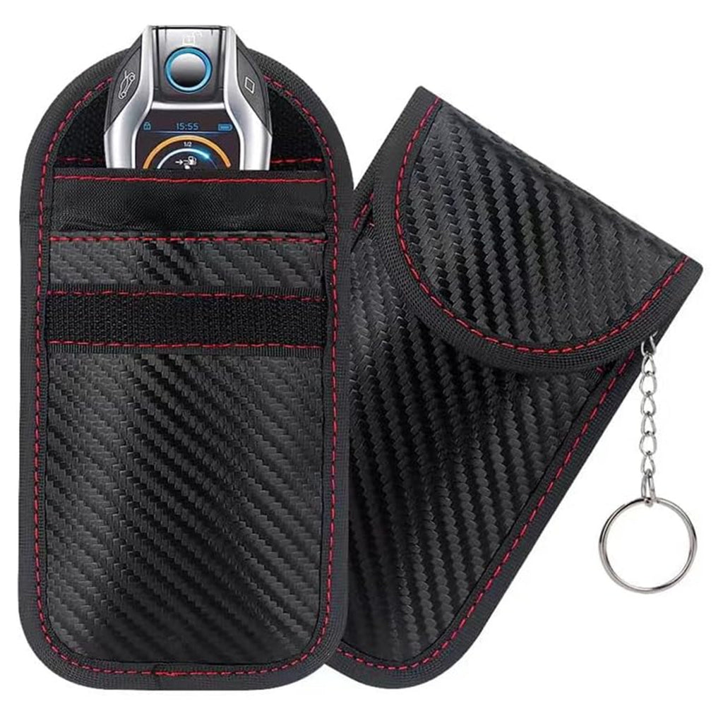 Sleek Carbon Fiber Faraday Key Fob Pouch | Anti-Theft Signal Blocking Protector w/ Red Stitching for Keyless Entry Car Keys & RFID Cards