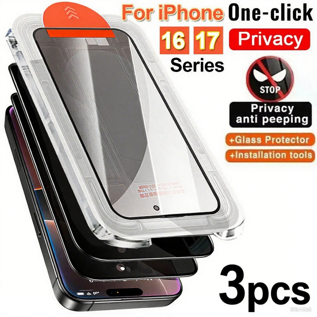 3Pcs Easy Installation Privacy Screen Protector for iPhone 17 16 Pro Max 16 Plus 17 Air Anti-spy Tempered Glass Film One-Click - PhoneStore 豐達網上商店