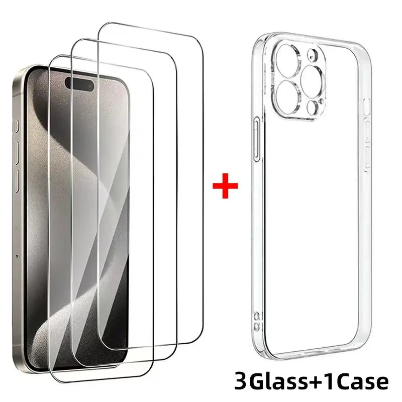 3Pcs Tempered Glass +1Pcs Clear Phone Case For iPhone 16 15 14 13 12 11 Screen Protector for iPhone XR X XS Max 6 8 7 PLUS Glass