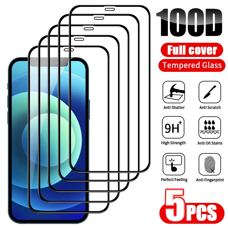 5Pcs Protective Glass For iPhone 15 13 12 14 Pro Max 7 8 Plus Screen Protector For iPhone 11 PRO X XS MAX XR Full Cover Glass - PhoneStore 豐達網上商店