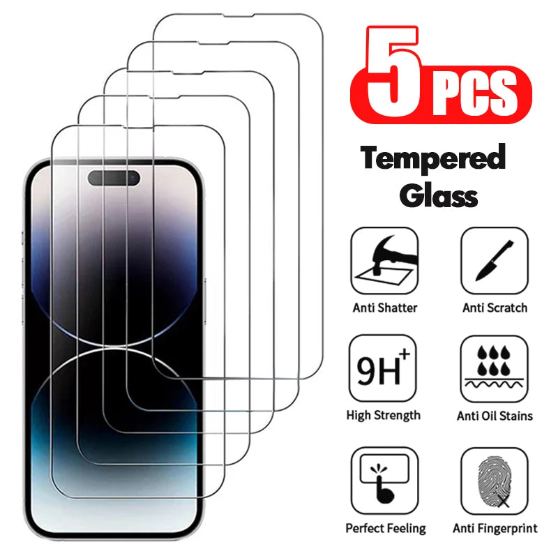 5pcs Tempered Glass For iPhone 14 13 12 11 Pro Max Screen Protector For IPhone 6 6s 7 8 15 Plus SE X XS XR 14Pro Glass Film - PhoneStore 豐達網上商店