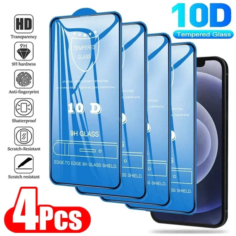 4Pcs 10D Tempered Glass for iPhone17 16 15 14 13 Pro Max Mini 7 8 Plus Full Cover Screen Protector for iPhone 13 17 PRO XS MAX