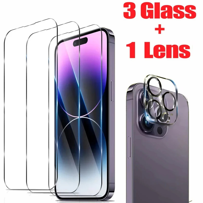 3Pcs Tempered Glass +1Pcs Lens Protector Glass For iPhone16 15 14 13 12 11 Screen Protector For iPhone XR X XS Max 8 7PLUS Glass