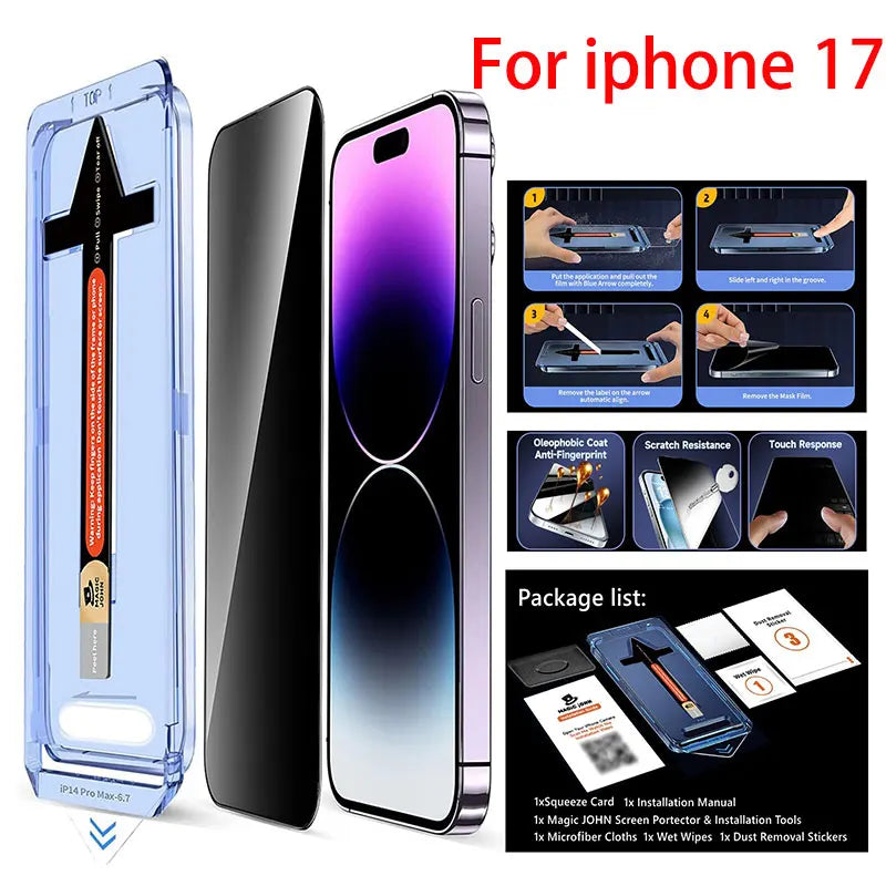 Auto Alignment Glass Screen Protector For iPhone17 16 15 Pro Max 14 13 12 11  Anti Spy Tempered Glass Film