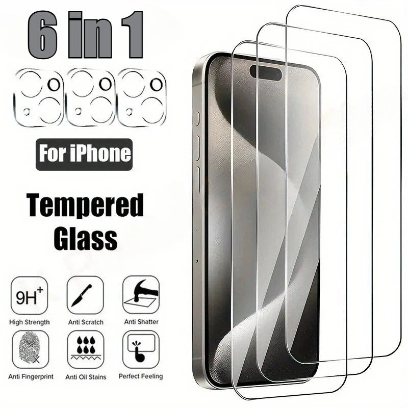6 in 1 Tempered Glass Screen Protector Film for iPhone 17 Air 16 15 Pro Max Camera Lens Film for iPhone 14 13 12 Pro 14 15 Plus