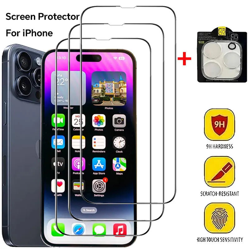 3Pcs Tempered Glass For iPhone 14 13 15 11 16 17Pro Max Screen Protector for iPhone 15 Plus XR X XS Max 6 8 7 Plus SE 2020 Glass