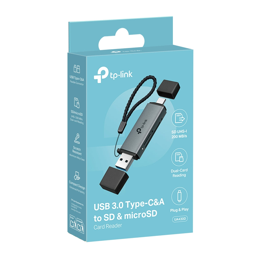 TP-Link UA430D | USB-C & USB-A 雙介面高速讀卡機 (UHS-I 200MB/s / 雙卡同時讀取 / 鋁合金極致便攜) - PhoneStore 豐達網上商店
