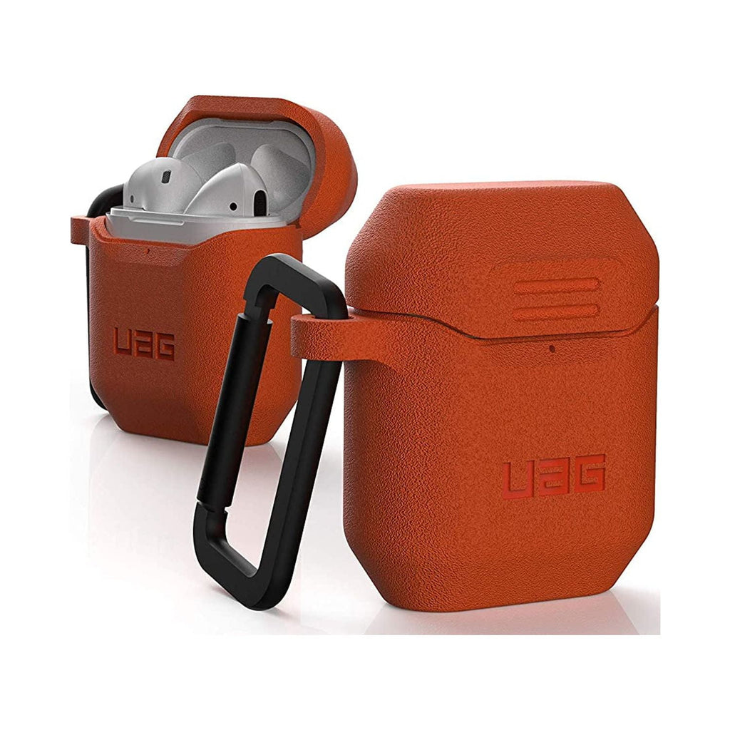 UAG Compatible with AirPods (1st Gen & 2nd Gen), Full-Body Protective Rugged Water Resistant Soft-Touch Silicone Case with Detachable Carabiner, Orange/Dark Grey