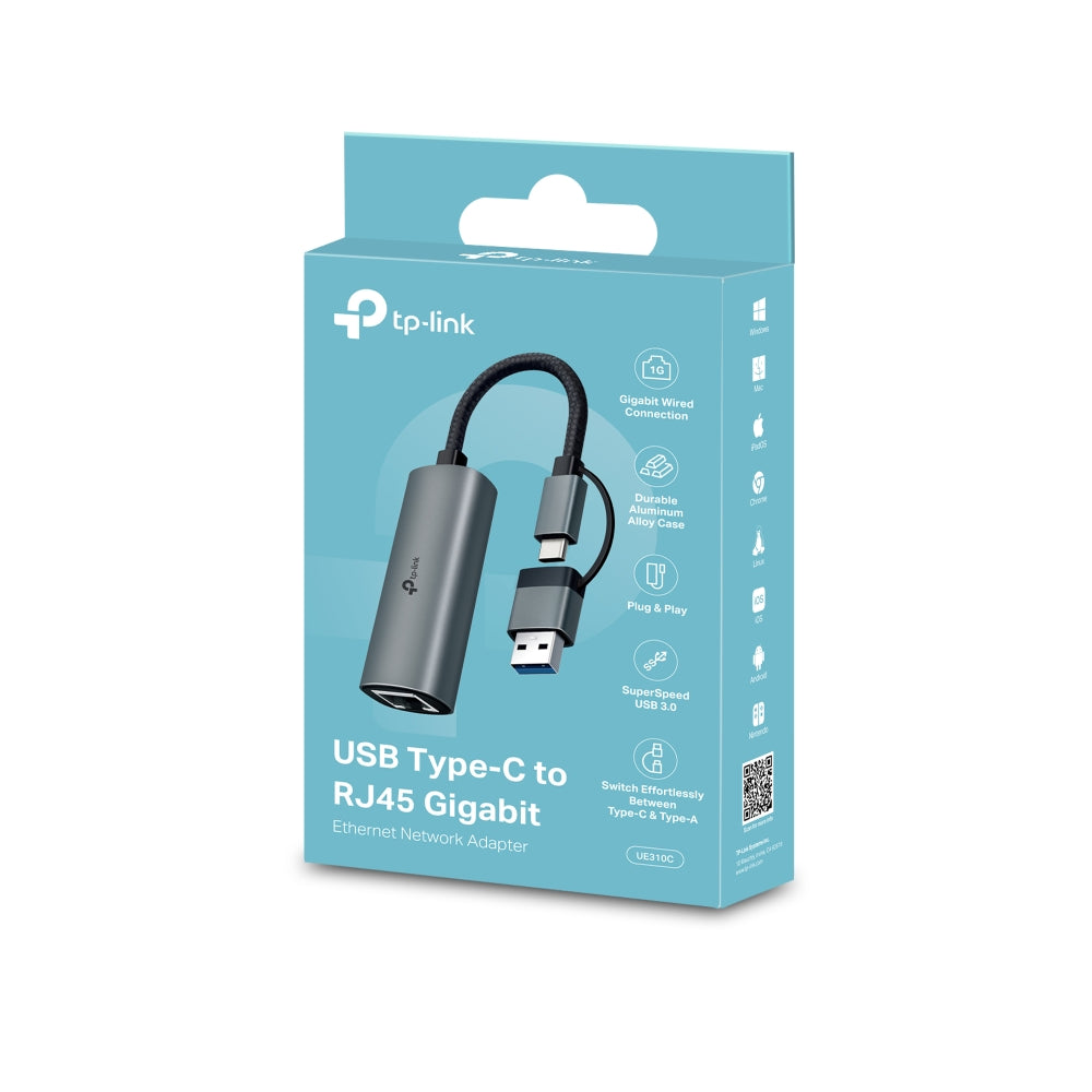 TP-Link UE310C | USB-C & USB-A 雙介面 Gigabit 有線網卡 (1000Mbps 高速傳輸 / 鋁合金耐用外殼 / 隨插即用) - PhoneStore 豐達網上商店