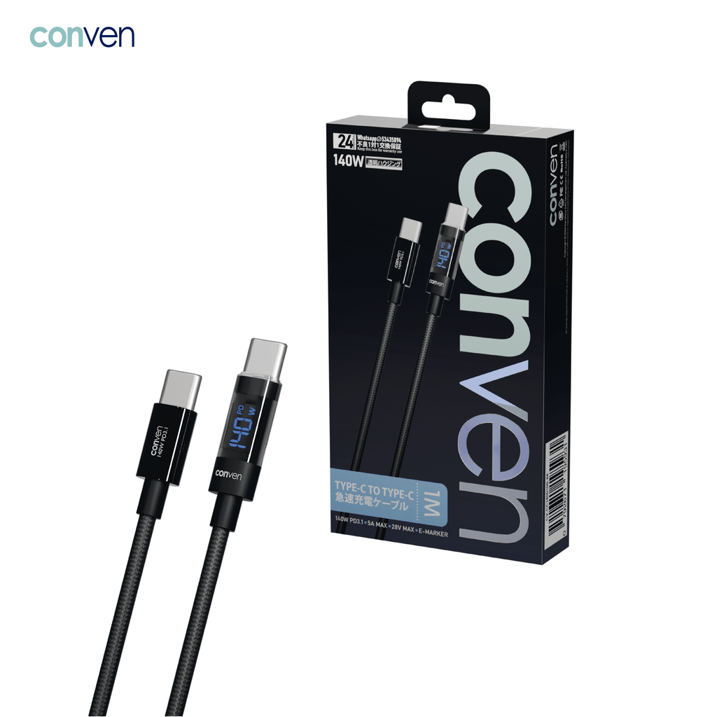 CONVEN 140W PD 3.1 數碼顯示快充線 | LED 實時功率監控 + 航太級透明合金設計 - PhoneStore 豐達網上商店